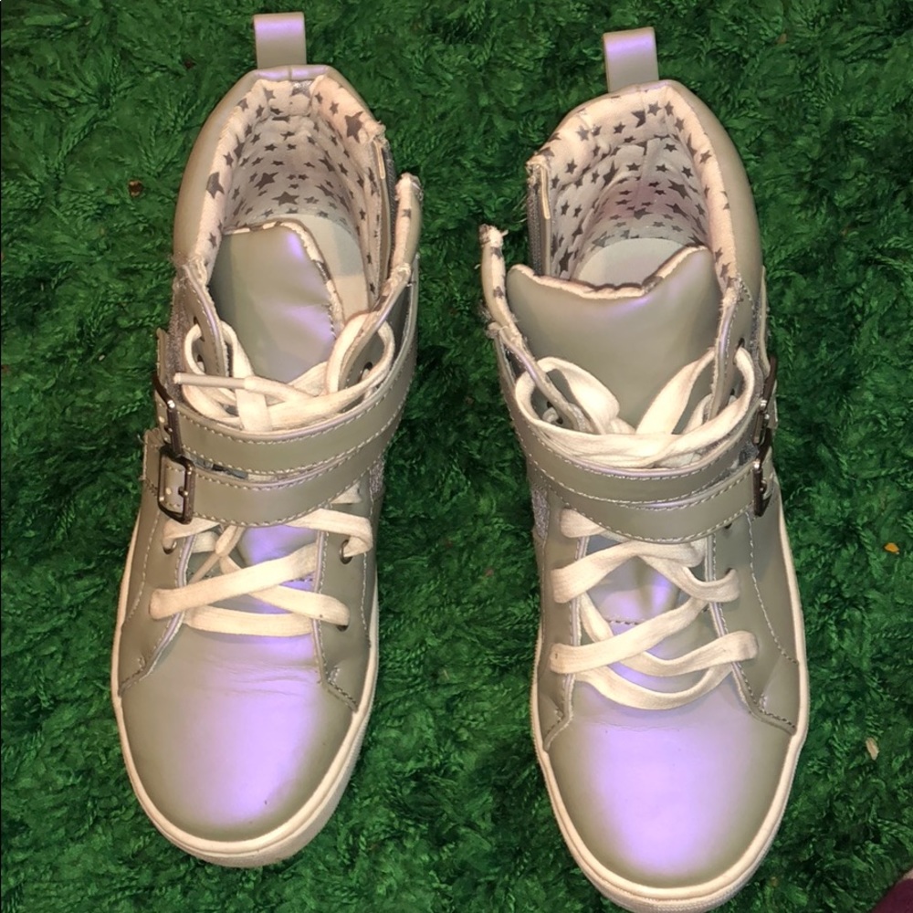 Justice sneakers high top purple metallic reflect